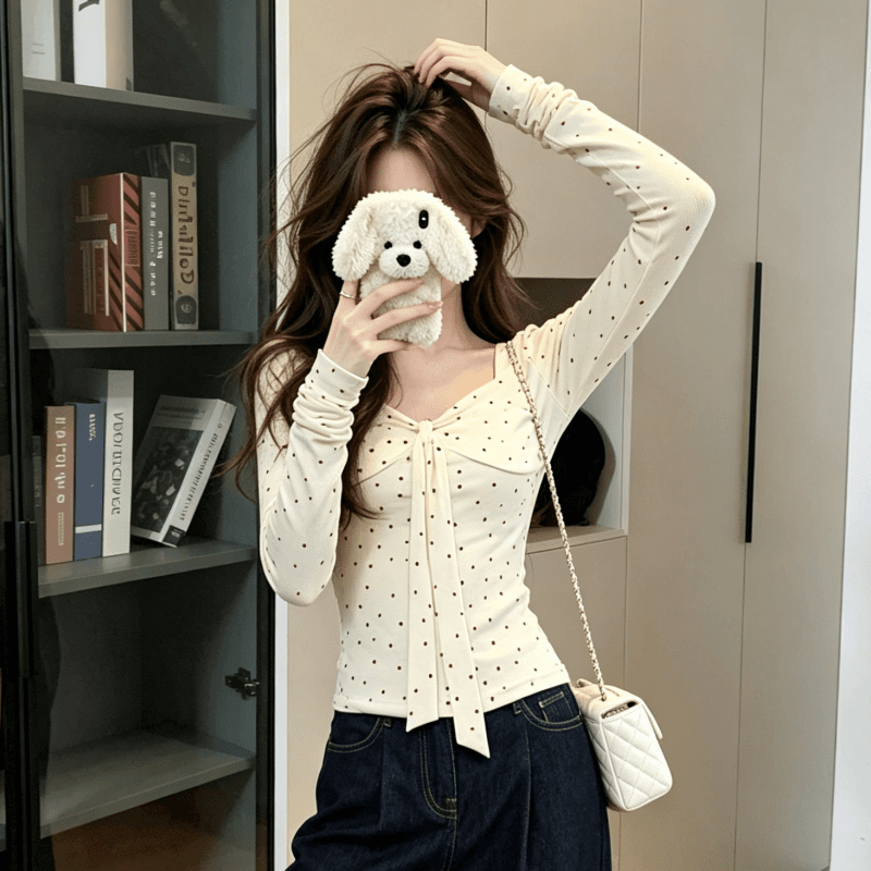 실사 한 부서 분위기 센스 광장 칼라 긴팔 티셔츠 여성 봄 새로운 달콤한 핫걸 몸매 가꾸기 슬림해 보이는 도트 무늬 맨위