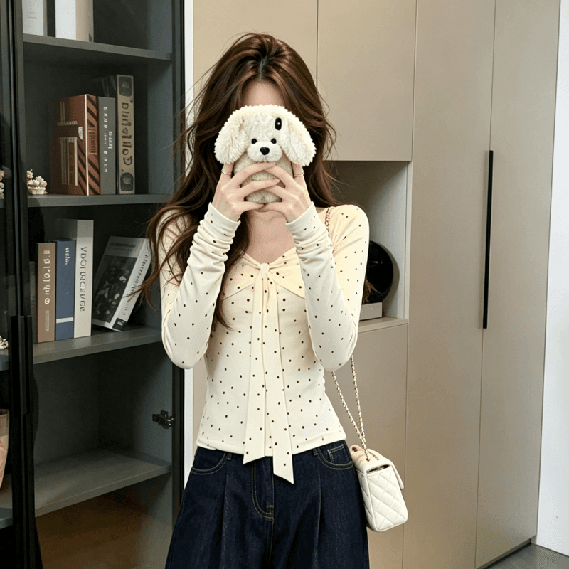 실사 한 부서 분위기 센스 광장 칼라 긴팔 티셔츠 여성 봄 새로운 달콤한 핫걸 몸매 가꾸기 슬림해 보이는 도트 무늬 맨위 이미지 4