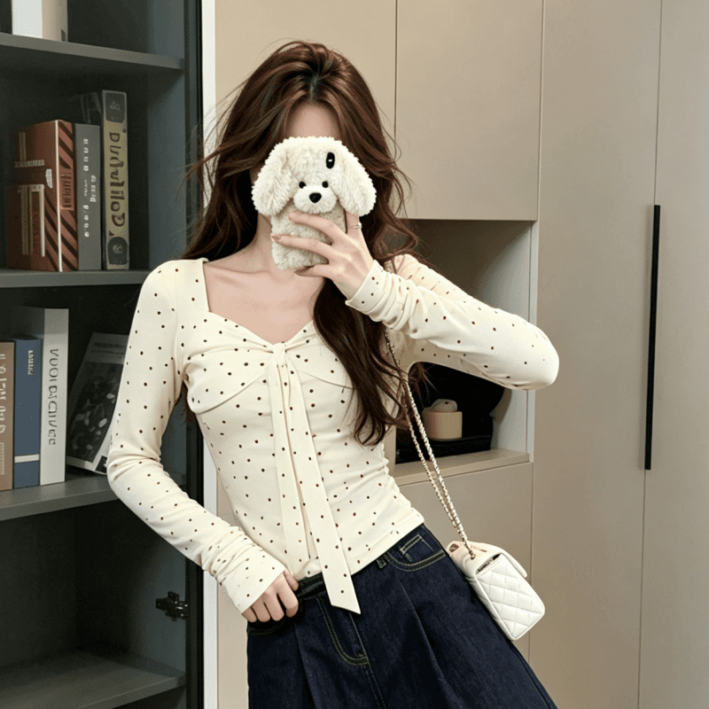 실사 한 부서 분위기 센스 광장 칼라 긴팔 티셔츠 여성 봄 새로운 달콤한 핫걸 몸매 가꾸기 슬림해 보이는 도트 무늬 맨위 상세 이미지 1