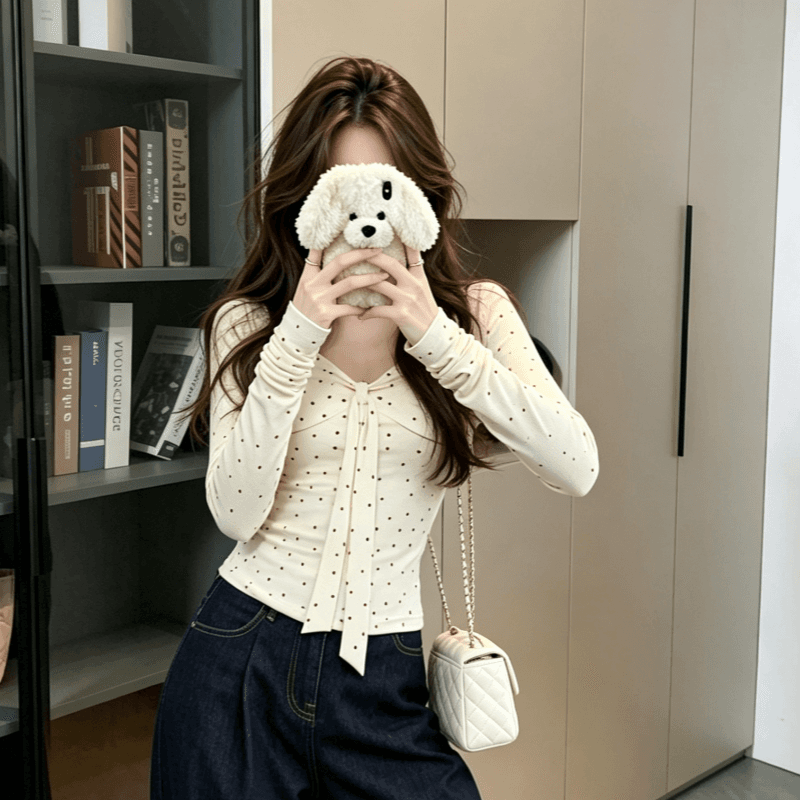 실사 한 부서 분위기 센스 광장 칼라 긴팔 티셔츠 여성 봄 새로운 달콤한 핫걸 몸매 가꾸기 슬림해 보이는 도트 무늬 맨위 상세 이미지 6