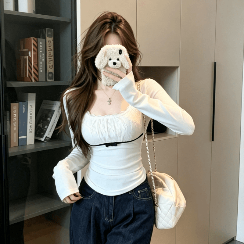 실사 순수한 욕망 품격 레이스 조각 긴팔 기본 셔츠 여성 가을 겨울 몸매 가꾸기 인사이드 가져 가라. 디자인 센스 맨위