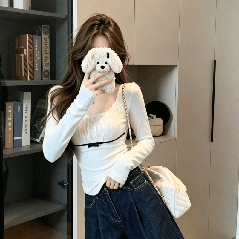 실사 순수한 욕망 품격 레이스 조각 긴팔 기본 셔츠 여성 가을 겨울 몸매 가꾸기 인사이드 가져 가라. 디자인 센스 맨위 이미지 4