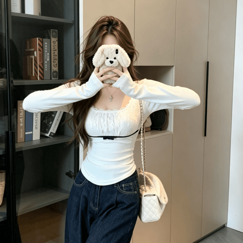 실사 순수한 욕망 품격 레이스 조각 긴팔 기본 셔츠 여성 가을 겨울 몸매 가꾸기 인사이드 가져 가라. 디자인 센스 맨위 상세 이미지 3