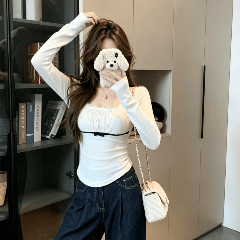 실사 순수한 욕망 품격 레이스 조각 긴팔 기본 셔츠 여성 가을 겨울 몸매 가꾸기 인사이드 가져 가라. 디자인 센스 맨위 상세 이미지 4