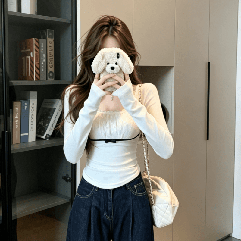 실사 순수한 욕망 품격 레이스 조각 긴팔 기본 셔츠 여성 가을 겨울 몸매 가꾸기 인사이드 가져 가라. 디자인 센스 맨위 상세 이미지 6