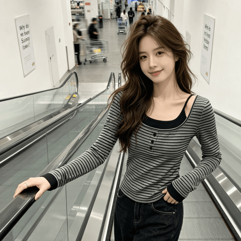 실사 핫걸 바람 레트로 스트라이프 긴팔 티셔츠 여성 의류 가을 페이크 레이어드 패치워크 슬림해 보이는 다용도 맨위