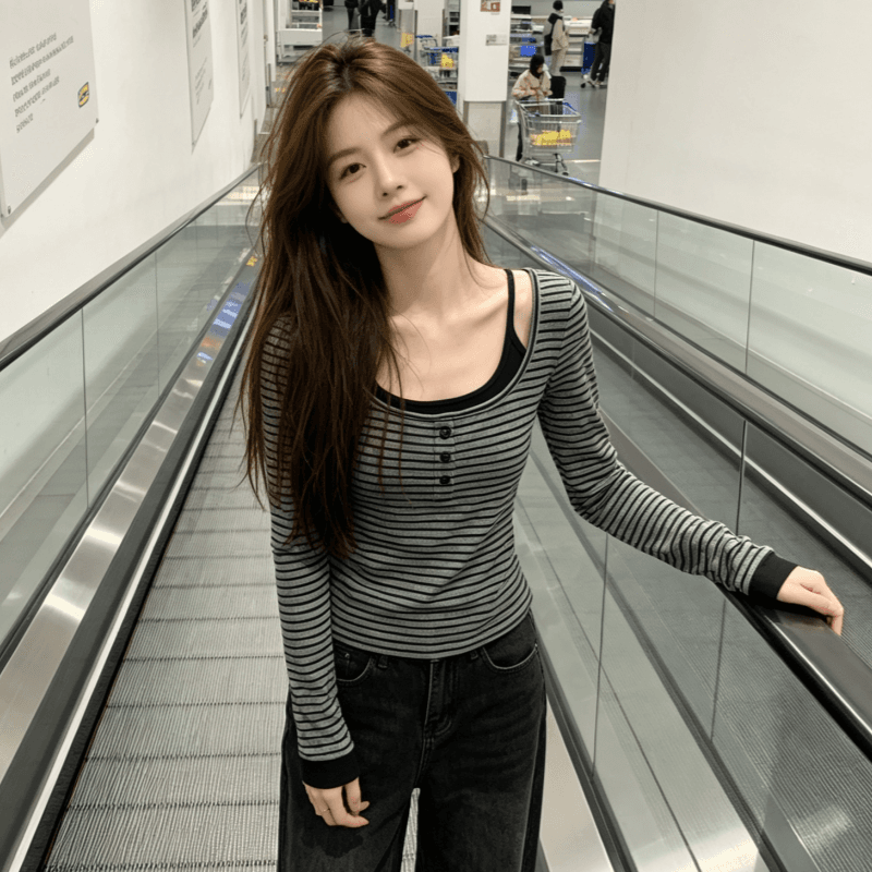 실사 핫걸 바람 레트로 스트라이프 긴팔 티셔츠 여성 의류 가을 페이크 레이어드 패치워크 슬림해 보이는 다용도 맨위 상세 이미지 1