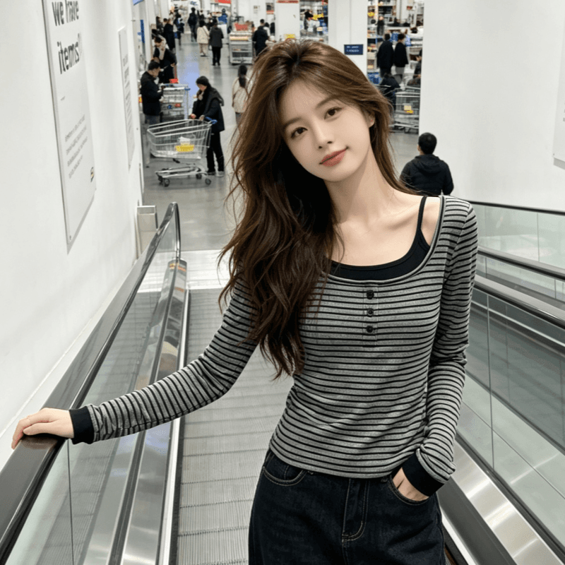 실사 핫걸 바람 레트로 스트라이프 긴팔 티셔츠 여성 의류 가을 페이크 레이어드 패치워크 슬림해 보이는 다용도 맨위 상세 이미지 2