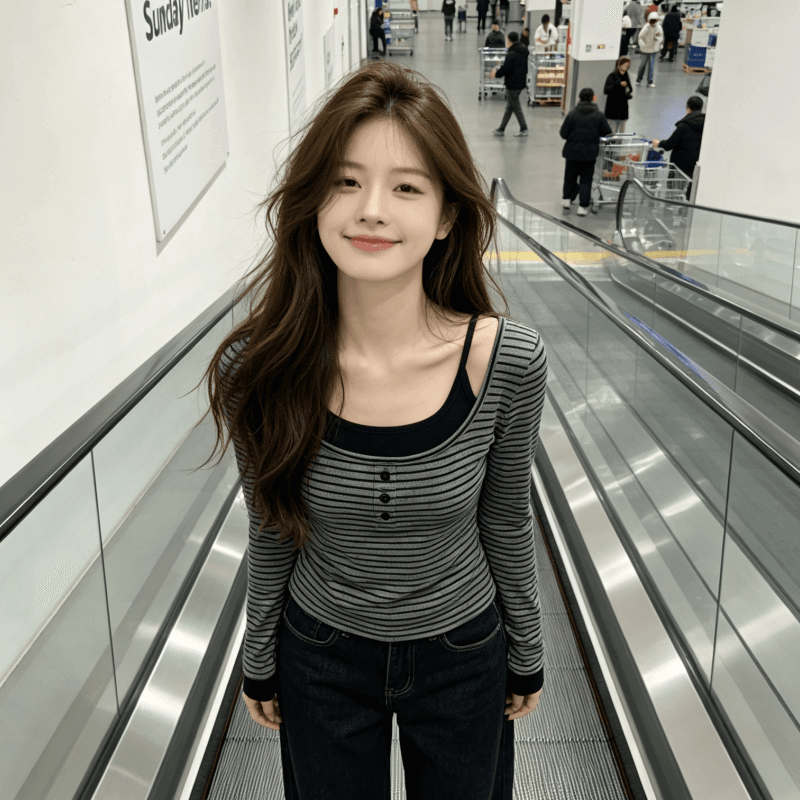 실사 핫걸 바람 레트로 스트라이프 긴팔 티셔츠 여성 의류 가을 페이크 레이어드 패치워크 슬림해 보이는 다용도 맨위 상세 이미지 4