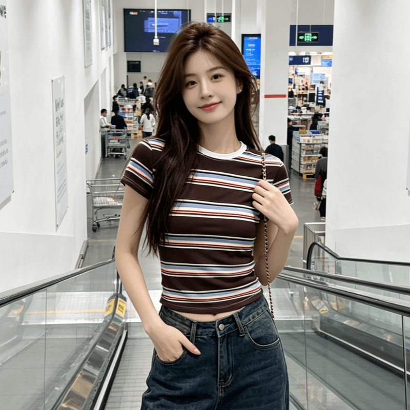 실사 아메리칸 레트로 배색 스트라이프 반팔 티셔츠 라운드 넥 몸매 가꾸기 다용도 맨위 cleanfit 디자인 센스 이미지 3