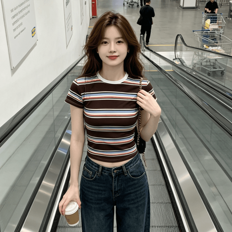 실사 아메리칸 레트로 배색 스트라이프 반팔 티셔츠 라운드 넥 몸매 가꾸기 다용도 맨위 cleanfit 디자인 센스 이미지 5