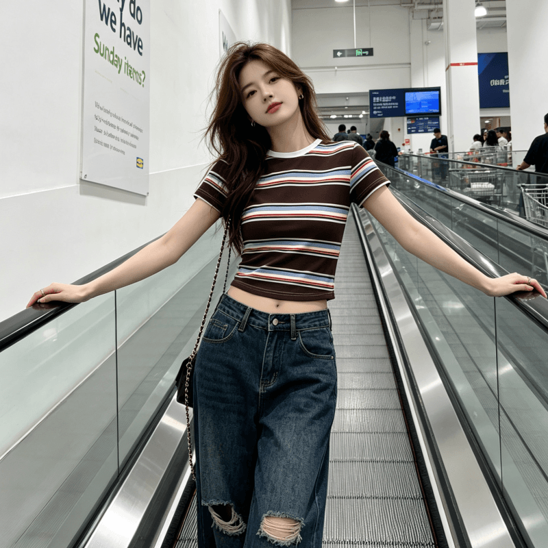 실사 아메리칸 레트로 배색 스트라이프 반팔 티셔츠 라운드 넥 몸매 가꾸기 다용도 맨위 cleanfit 디자인 센스 상세 이미지 1