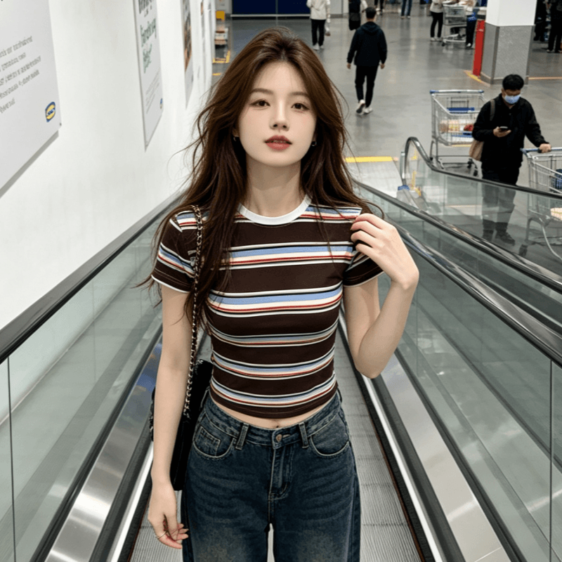 실사 아메리칸 레트로 배색 스트라이프 반팔 티셔츠 라운드 넥 몸매 가꾸기 다용도 맨위 cleanfit 디자인 센스 상세 이미지 6