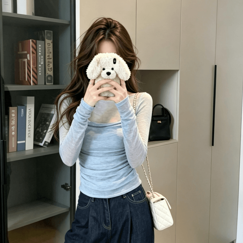 실사 페이크 레이어드 마이크로 ~을 통해 얇은 스타일 긴팔 티셔츠 여성 2026 봄 순수한 욕망 바람 몸매 가꾸기 슬림해 보이는 긍정적 인 어깨 의류 ins 이미지 5