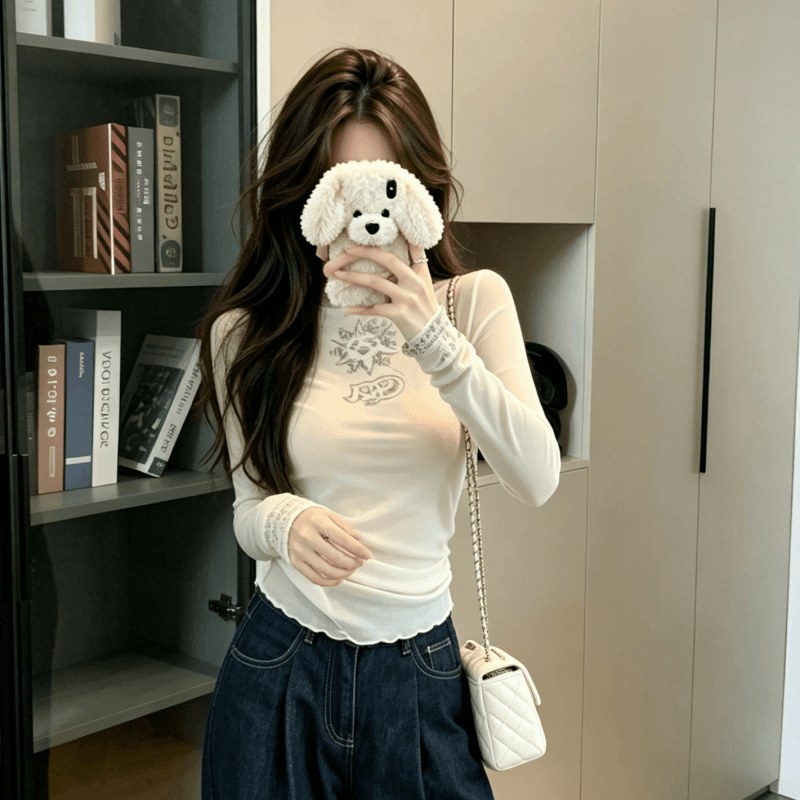 실사 한 부서 달콤한 핫걸 작은 대중 프린트 긍정적 인 어깨 긴팔 티셔츠 여성 여름 새로운 라운드 넥 몸매 가꾸기 맨위 이미지 4