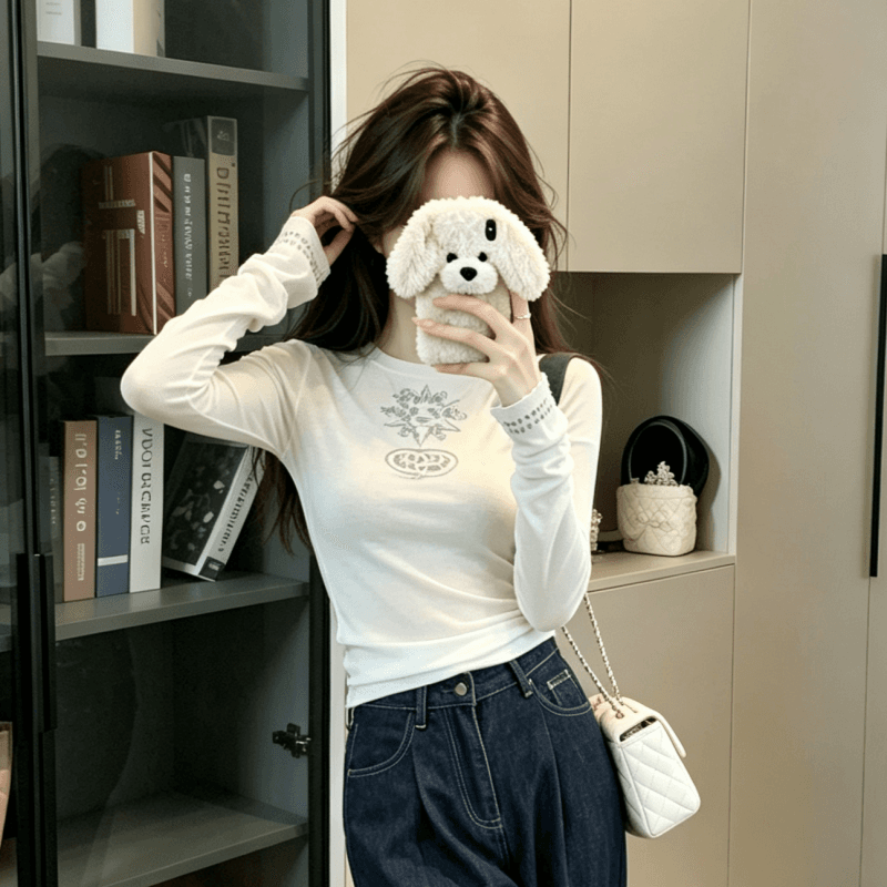 실사 한 부서 달콤한 핫걸 작은 대중 프린트 긍정적 인 어깨 긴팔 티셔츠 여성 여름 새로운 라운드 넥 몸매 가꾸기 맨위 이미지 5