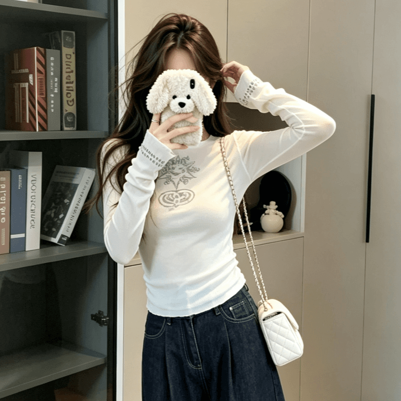 실사 한 부서 달콤한 핫걸 작은 대중 프린트 긍정적 인 어깨 긴팔 티셔츠 여성 여름 새로운 라운드 넥 몸매 가꾸기 맨위 상세 이미지 1