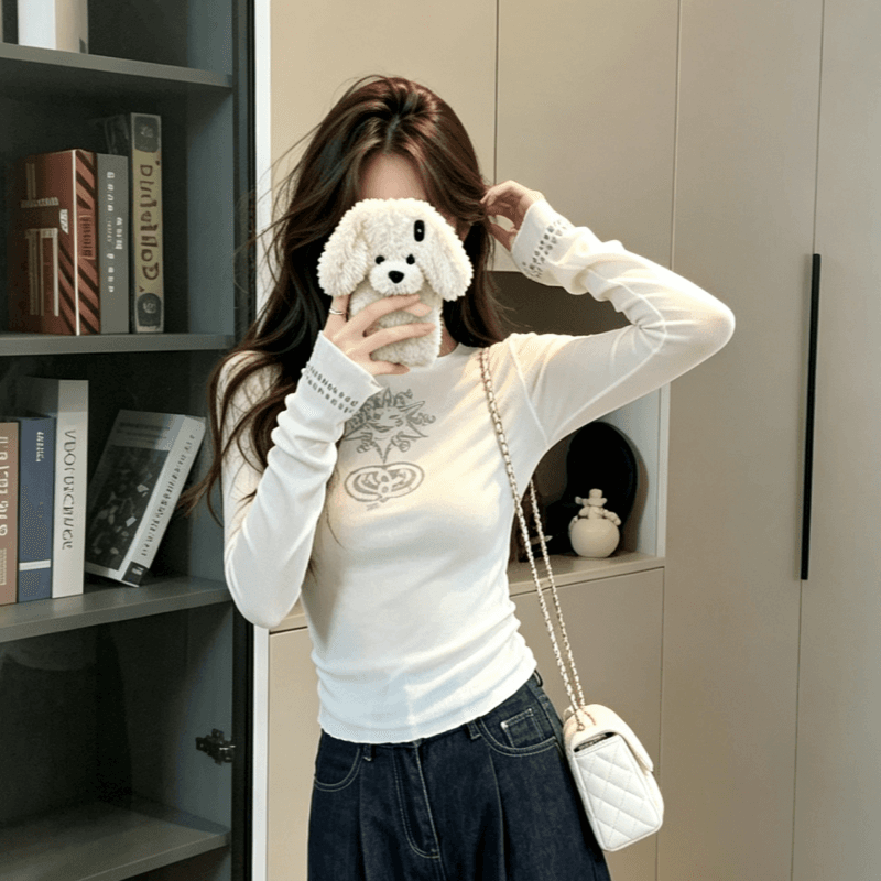 실사 한 부서 달콤한 핫걸 작은 대중 프린트 긍정적 인 어깨 긴팔 티셔츠 여성 여름 새로운 라운드 넥 몸매 가꾸기 맨위 상세 이미지 2