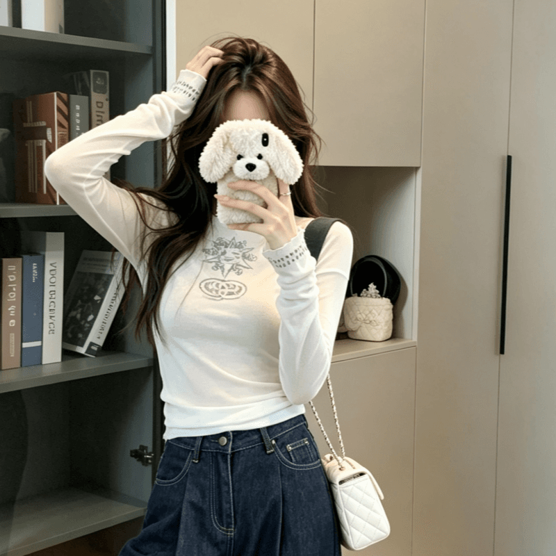 실사 한 부서 달콤한 핫걸 작은 대중 프린트 긍정적 인 어깨 긴팔 티셔츠 여성 여름 새로운 라운드 넥 몸매 가꾸기 맨위 상세 이미지 3