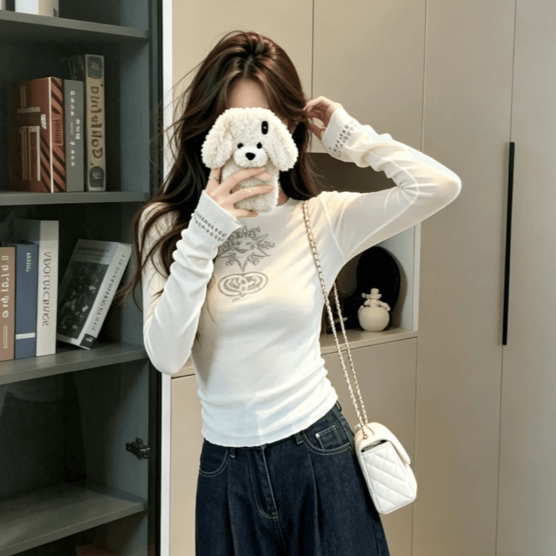 실사 한 부서 달콤한 핫걸 작은 대중 프린트 긍정적 인 어깨 긴팔 티셔츠 여성 여름 새로운 라운드 넥 몸매 가꾸기 맨위 상세 이미지 6
