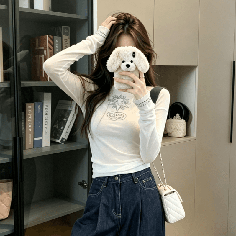 실사 한 부서 달콤한 핫걸 작은 대중 프린트 긍정적 인 어깨 긴팔 티셔츠 여성 여름 새로운 라운드 넥 몸매 가꾸기 맨위 상세 이미지 8