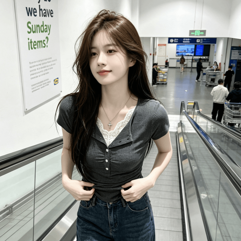 실사 정가 2026 여름 새로운 페이크 레이어드 레이스 반팔 티셔츠 여성 몸매 가꾸기 슬림해 보이는 맨위 상세 이미지 3