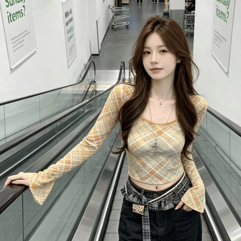 실사 핫걸 배색 체크무늬 u 칼라 긴팔 티셔츠 여성 가을 허리 수축 몸매 가꾸기 기본 셔츠 인사이드 가져 가라. 작은 맨위 이미지 3
