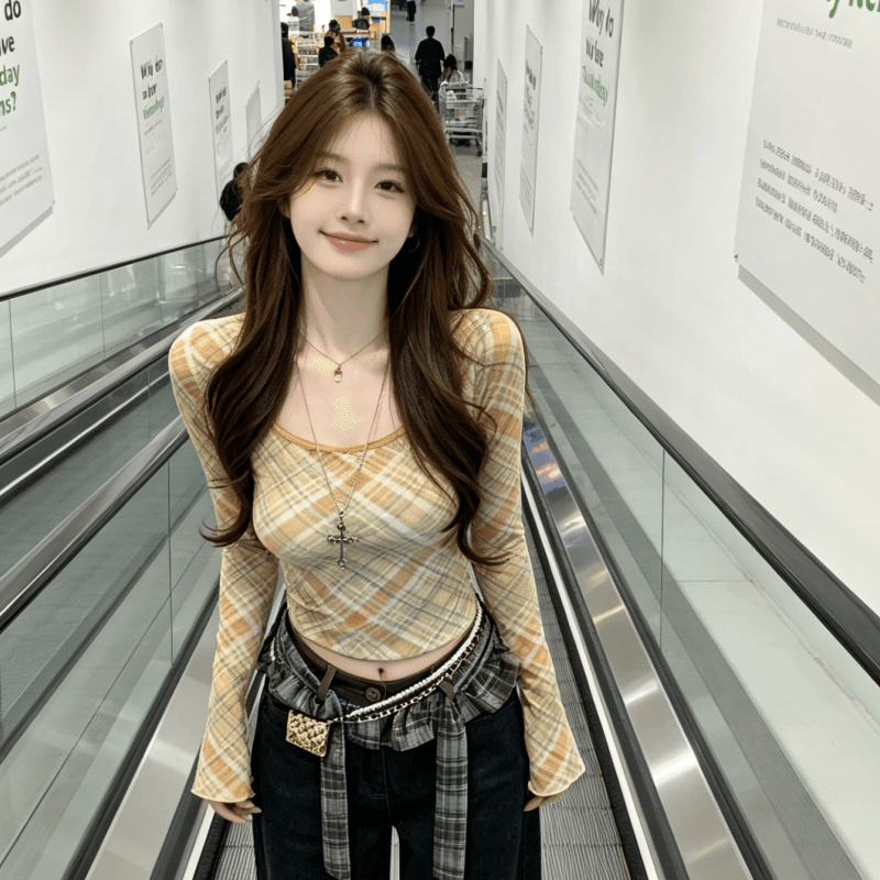 실사 핫걸 배색 체크무늬 u 칼라 긴팔 티셔츠 여성 가을 허리 수축 몸매 가꾸기 기본 셔츠 인사이드 가져 가라. 작은 맨위 이미지 4