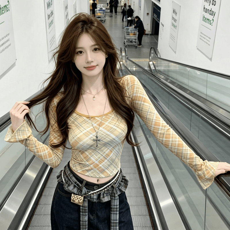 실사 핫걸 배색 체크무늬 u 칼라 긴팔 티셔츠 여성 가을 허리 수축 몸매 가꾸기 기본 셔츠 인사이드 가져 가라. 작은 맨위 상세 이미지 5