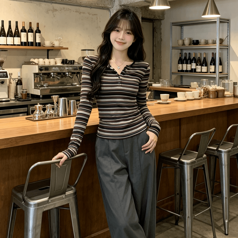 실사 한 부서 chic 몸매 가꾸기 스트라이프 슬림해 보이는 긴팔 맨위 서비스 여성 조기 봄 디자인 센스 인사이드 가져 가라. 만나는 티셔츠 이미지 4