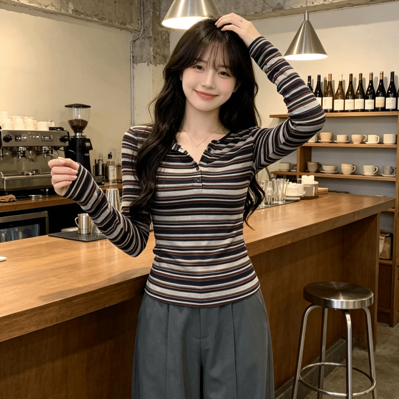 실사 한 부서 chic 몸매 가꾸기 스트라이프 슬림해 보이는 긴팔 맨위 서비스 여성 조기 봄 디자인 센스 인사이드 가져 가라. 만나는 티셔츠 상세 이미지 2