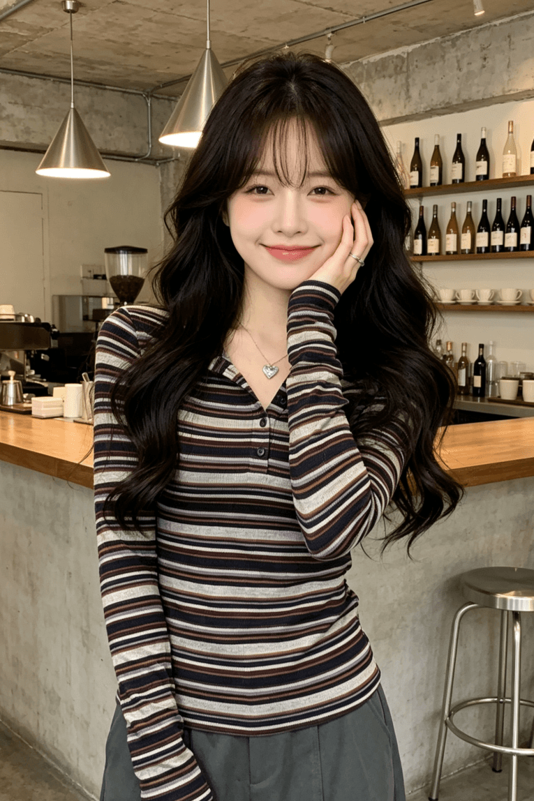 실사 한 부서 chic 몸매 가꾸기 스트라이프 슬림해 보이는 긴팔 맨위 서비스 여성 조기 봄 디자인 센스 인사이드 가져 가라. 만나는 티셔츠 상세 이미지 4
