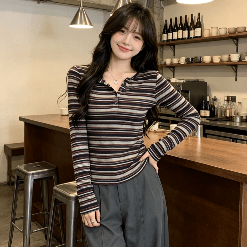 실사 한 부서 chic 몸매 가꾸기 스트라이프 슬림해 보이는 긴팔 맨위 서비스 여성 조기 봄 디자인 센스 인사이드 가져 가라. 만나는 티셔츠 상세 이미지 6