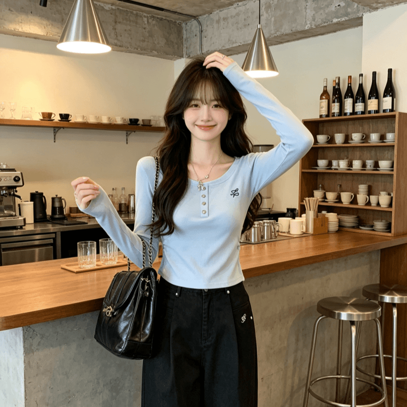 실사 정가 긍정적 인 어깨 자수 긴팔 여성 인사이드 가져 가라. 한 부서 몸매 가꾸기 작은 대중 디자인 센스 티셔츠 ins 상세 이미지 1