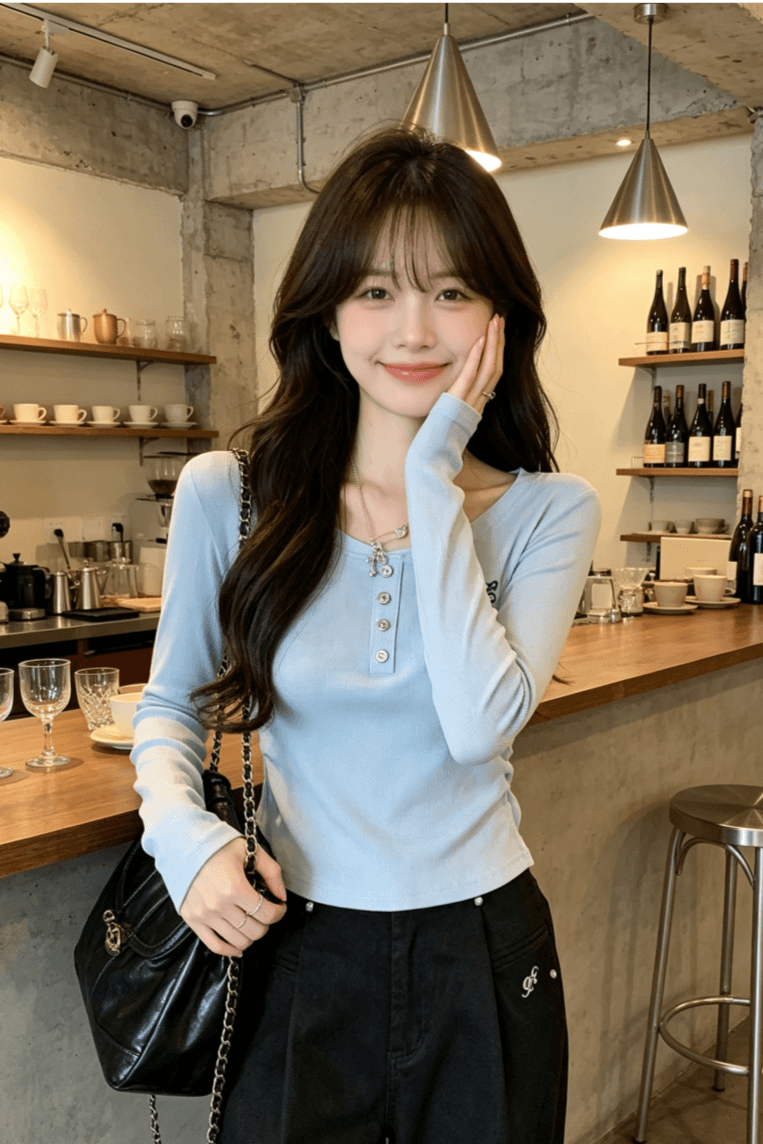 실사 정가 긍정적 인 어깨 자수 긴팔 여성 인사이드 가져 가라. 한 부서 몸매 가꾸기 작은 대중 디자인 센스 티셔츠 ins 상세 이미지 3