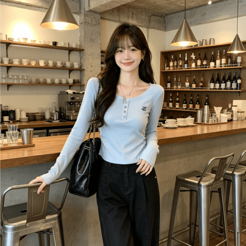실사 정가 긍정적 인 어깨 자수 긴팔 여성 인사이드 가져 가라. 한 부서 몸매 가꾸기 작은 대중 디자인 센스 티셔츠 ins 상세 이미지 6