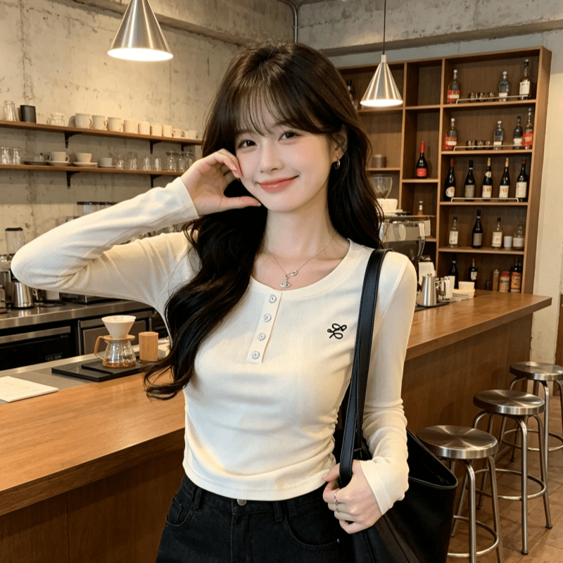 실사 정가 긍정적 인 어깨 자수 긴팔 여성 인사이드 가져 가라. 한 부서 몸매 가꾸기 작은 대중 디자인 센스 티셔츠 ins 상세 이미지 11