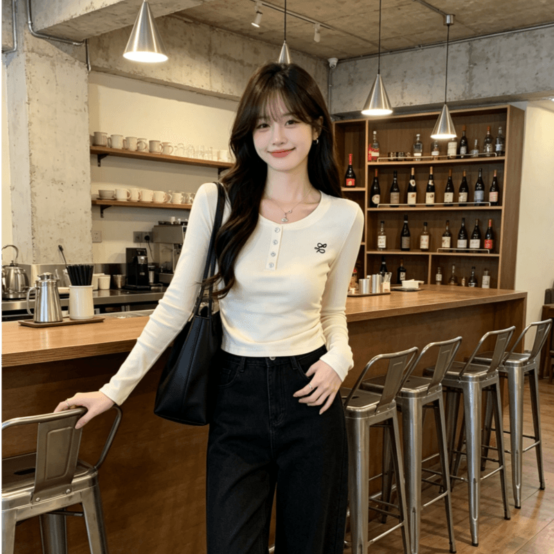 실사 정가 긍정적 인 어깨 자수 긴팔 여성 인사이드 가져 가라. 한 부서 몸매 가꾸기 작은 대중 디자인 센스 티셔츠 ins 상세 이미지 14