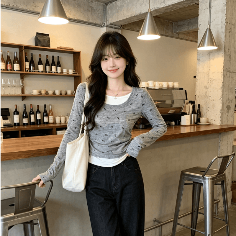 실사 긴팔 티셔츠 여성 2026 봄 가을 새로운 트렌디 얇은 스타일 페이크 레이어드 쇼트 스타일 몸매 가꾸기 기본 셔츠 라운드 넥 맨위 상세 이미지 6