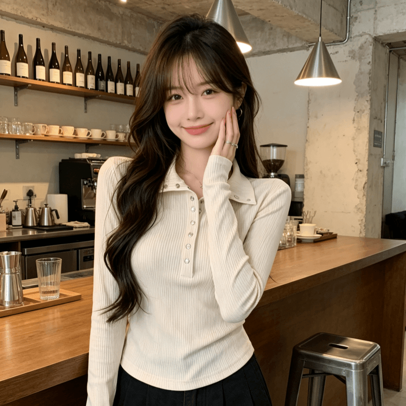 실사 모달 긴팔 티셔츠 여성 2026 봄 가을 새로운 얇은 스타일 몸매 가꾸기 기본 셔츠 폴로 칼라 맨위 이미지 4