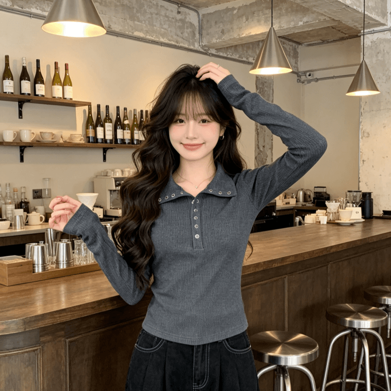 실사 모달 긴팔 티셔츠 여성 2026 봄 가을 새로운 얇은 스타일 몸매 가꾸기 기본 셔츠 폴로 칼라 맨위 이미지 2