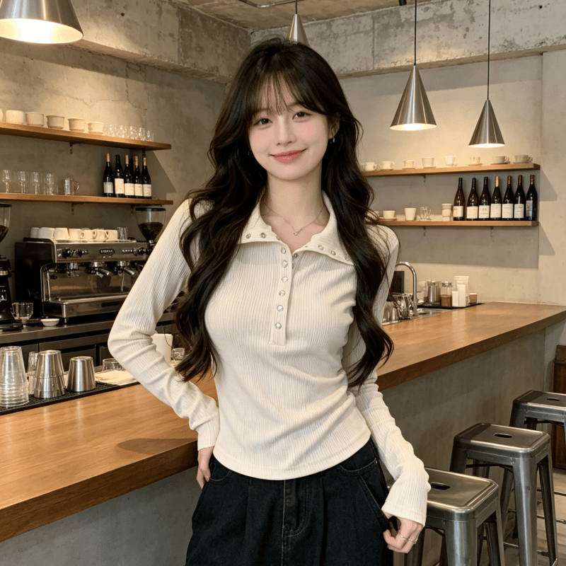 실사 모달 긴팔 티셔츠 여성 2026 봄 가을 새로운 얇은 스타일 몸매 가꾸기 기본 셔츠 폴로 칼라 맨위 이미지 3