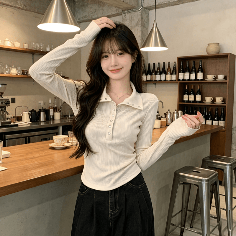 실사 모달 긴팔 티셔츠 여성 2026 봄 가을 새로운 얇은 스타일 몸매 가꾸기 기본 셔츠 폴로 칼라 맨위 상세 이미지 2