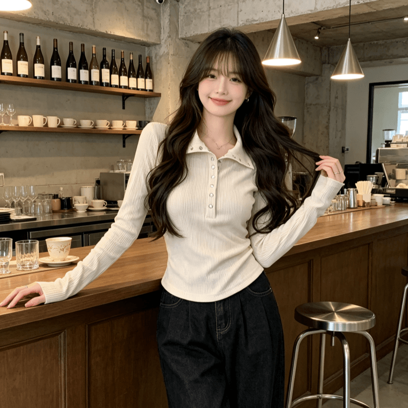 실사 모달 긴팔 티셔츠 여성 2026 봄 가을 새로운 얇은 스타일 몸매 가꾸기 기본 셔츠 폴로 칼라 맨위 상세 이미지 3