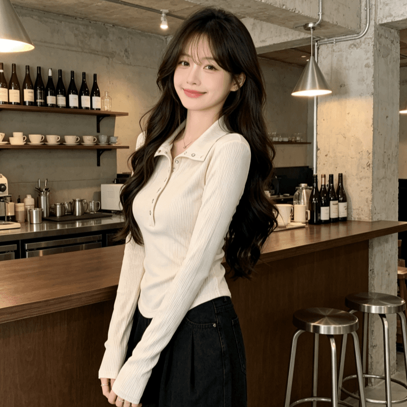 실사 모달 긴팔 티셔츠 여성 2026 봄 가을 새로운 얇은 스타일 몸매 가꾸기 기본 셔츠 폴로 칼라 맨위 상세 이미지 6