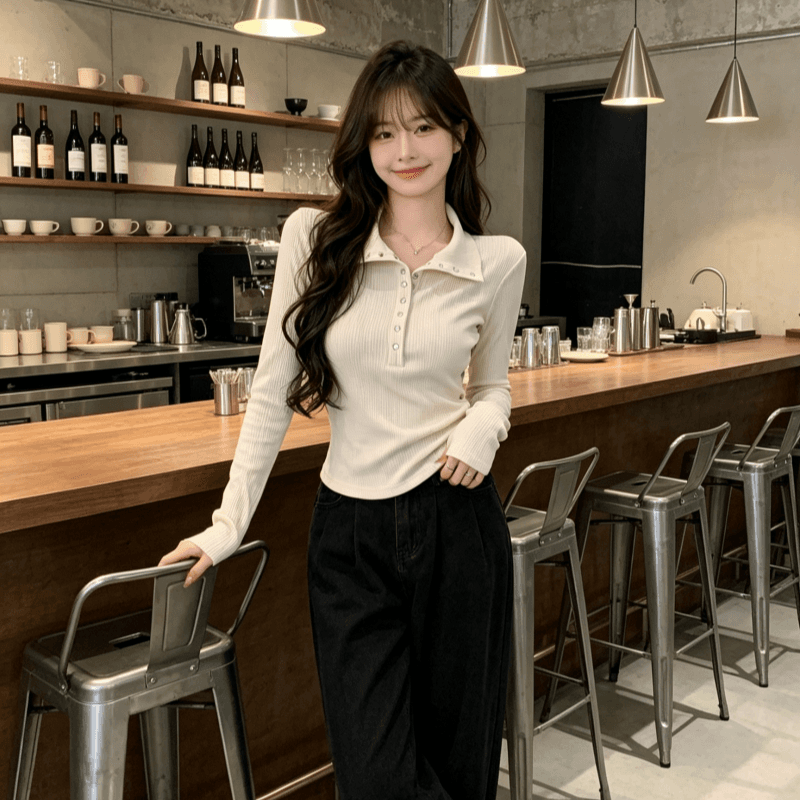 실사 모달 긴팔 티셔츠 여성 2026 봄 가을 새로운 얇은 스타일 몸매 가꾸기 기본 셔츠 폴로 칼라 맨위 상세 이미지 7