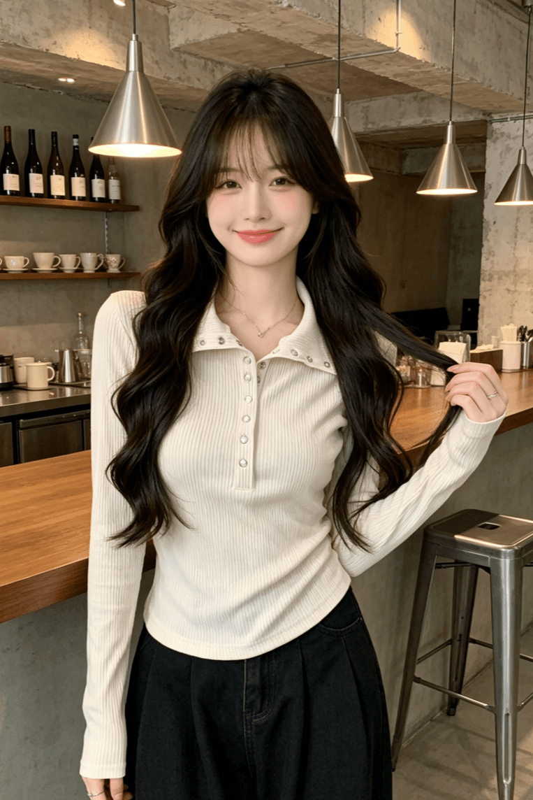 실사 모달 긴팔 티셔츠 여성 2026 봄 가을 새로운 얇은 스타일 몸매 가꾸기 기본 셔츠 폴로 칼라 맨위 상세 이미지 8