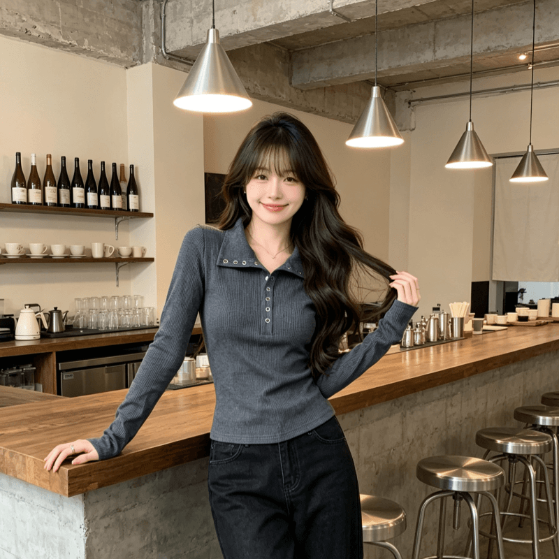 실사 모달 긴팔 티셔츠 여성 2026 봄 가을 새로운 얇은 스타일 몸매 가꾸기 기본 셔츠 폴로 칼라 맨위 상세 이미지 11