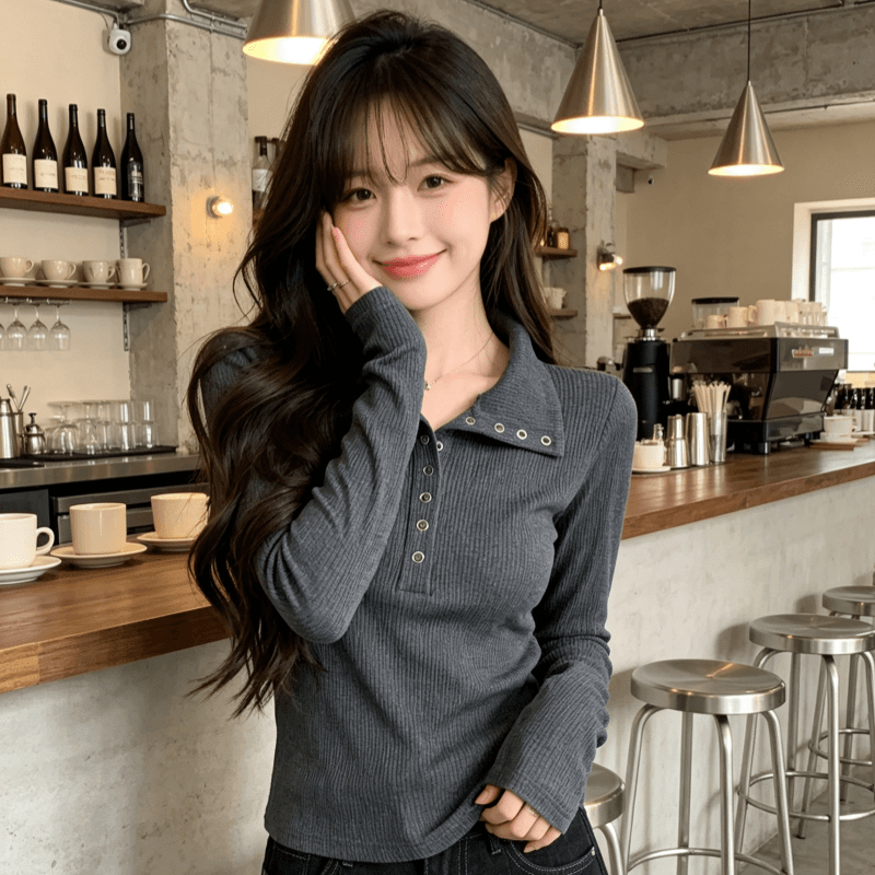 실사 모달 긴팔 티셔츠 여성 2026 봄 가을 새로운 얇은 스타일 몸매 가꾸기 기본 셔츠 폴로 칼라 맨위 상세 이미지 12
