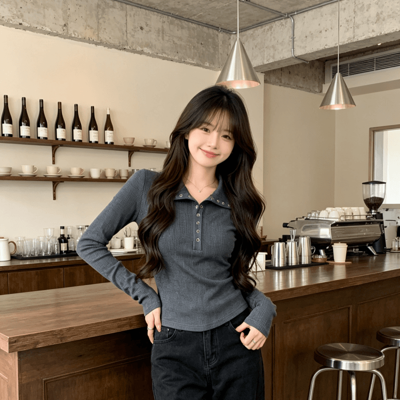 실사 모달 긴팔 티셔츠 여성 2026 봄 가을 새로운 얇은 스타일 몸매 가꾸기 기본 셔츠 폴로 칼라 맨위 상세 이미지 13
